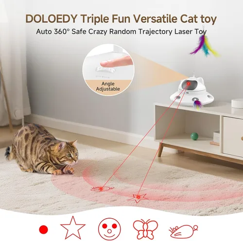 Vista 3 de Juguete láser para gatos, juguete automático interactivo 3 en 1 para gatos de interior, 5 patrones de luz láser roja ajustables, sensor inteligente
