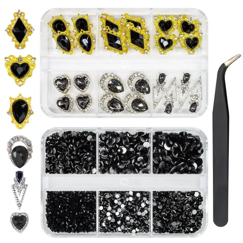 Vista 9 de 24 piezas de piedras brillantes negras para uñas, dijes de uñas de lujo, dijes de corazón negro de jet para uñas, gemas grandes de 3D para uñas