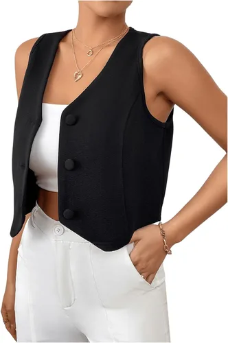 Vista 3 de GORGLITTER Chaleco con botones para mujer, chaleco corto sin mangas, blazer