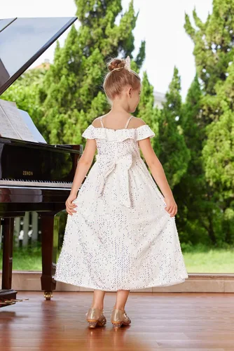 Vista 3 de GRACE KARIN Vestido de niña con hombros descubiertos y lentejuelas brillantes con nudo de lazo, 6-12 años