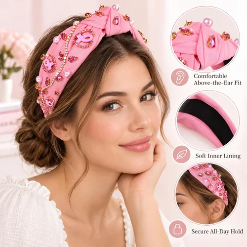 Vista 6 de boderier Diademas de concientización sobre el cáncer de mama para mujer, diadema anudada de cristal, diadema de corazón rosa con cinta de amor