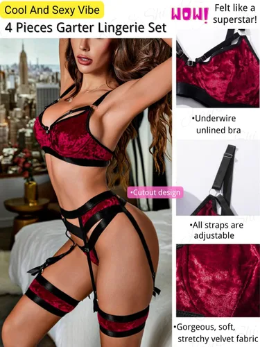 Vista 90 de Kaei&Shi - Lencería con liguero para mujer, conjunto de encaje traslúcido y sexy de 4 piezas combinadas