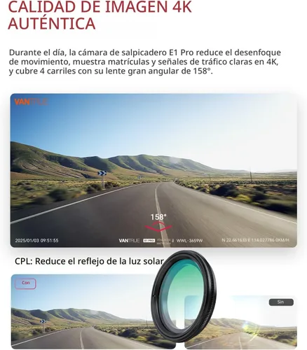 Vista 4 de Vantrue Cámara frontal E1 Pro 4K Mini Dash Cam frontal, STARVIS 2 PlatePix HDR visión nocturna para automóvil, GPS WiFi 5G integrado, pantalla IPS