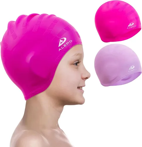 Vista 12 de 2 Pack Kids Swim Caps for Boys Girls, Durable Silicone Swimming Cap with 3D Ear Pockets for Age 3-15 Toddler Child Youth Teen, Unisex Swim Bath Hats