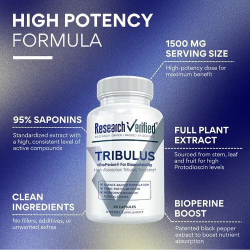 Vista 3 de Research Verified® Tribulus Terrestris - 1500mg- 95% Furostanol Saponinas, 5% Bioperine® - 60 Cápsulas - 1 Botella