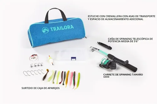 Vista 2 de Kit de pesca con caña, carrete predistribuido, aparejos, ganchos, estuche de transporte con cremallera