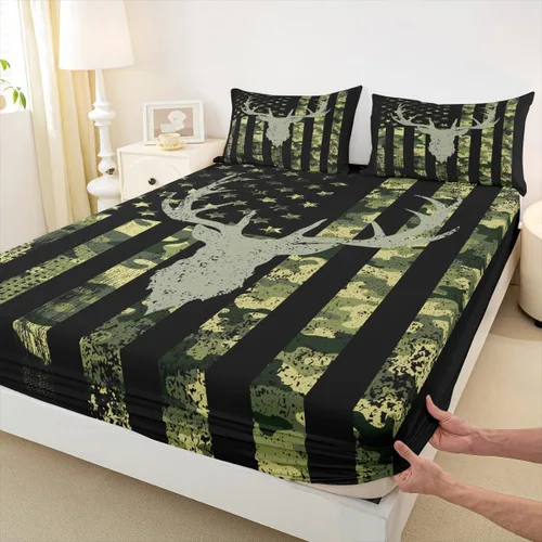 Vista 15 de Homewish Sábana bajera ajustable con diseño de bandera estadounidense de camuflaje para niños, tamaño individual, silueta de cuernos de ciervo