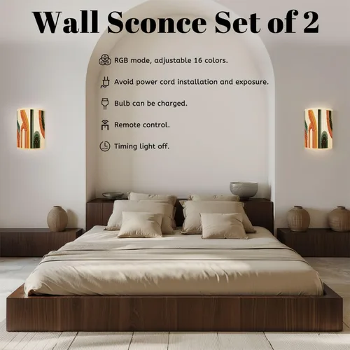 Vista 3 de Juego de dos apliques de pared con pilas, estilo retro, vintage, estilo años 70, líneas de póster, formas enchufables, accesorios de pared