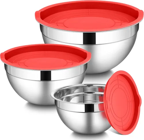 Vista 10 de LIANYU Juego de 3 tazones para mezclar con tapas, tazones de metal de acero inoxidable anidables grandes y pequeños para almacenamiento de cocina