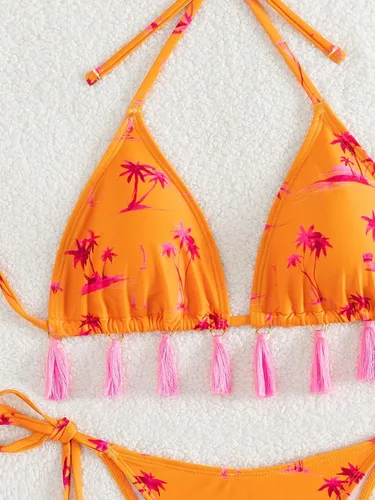 Vista 3 de SHENHE Traje de baño de 2 piezas para mujer, estampado tropical, borla, triángulo, bikini con lazo lateral, tanga