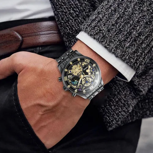 Vista 5 de Mens Watches, Upgraded Gear Design Mens Skeleton Watch, Chronograph Luxury Diamond Dress Business Analog Quartz Wrist Watches for Men, 100fts