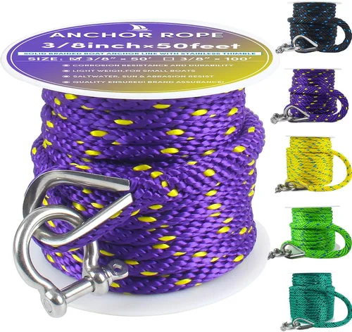 Vista 30 de Cuerda de anclaje premium de 50 pies x 1/2 pulgadas, línea de anclaje trenzada sólida MFP para barco con dedal y grillete - Negro