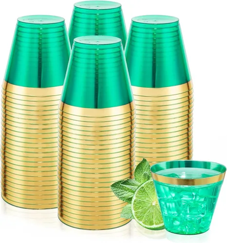Vista 13 de LUODA 150 vasos de plástico azul, vasos desechables transparentes de 9 onzas con borde dorado, vasos de plástico con borde dorado, vasos de plástico