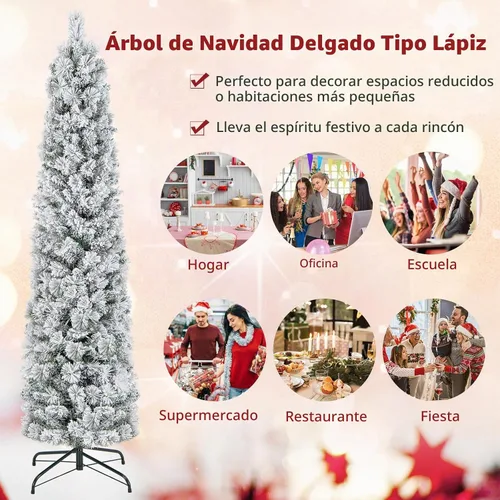 Vista 8 de Goplus Árbol de Navidad artificial de 6 pies preiluminado con flecos de nieve en forma de lápiz, árbol de Navidad delgado artificial con 150 luces