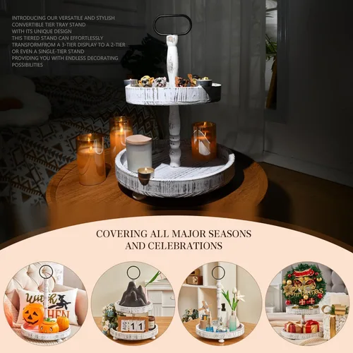 Vista 3 de AONEHOME Soporte de bandeja de 2 niveles, bandejas decorativas blancas con niveles - Soporte para cupcakes de 2 niveles - Bandeja de servir de 2