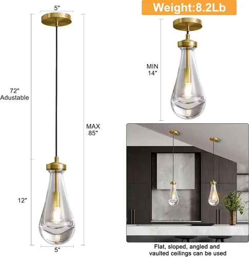 Vista 8 de Juego de 2 luces colgantes de gota de lluvia, lámparas colgantes para isla de cocina, lámpara de cristal sólido transparente con forma de gota