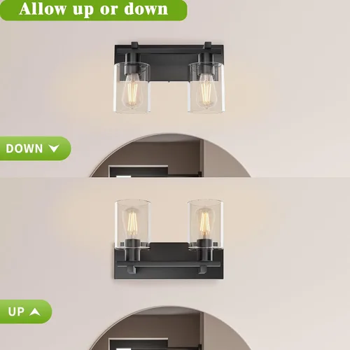 Vista 5 de Bathroom Light Fixtures Over Mirror, 2-Light Modern Matte Black Bathroom Vanity Light, Wall Lights with Clear Glass Shade, Living Room, Bedroom