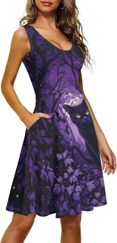 Vista 2 de Dreaweet Vestidos casuales sin mangas para mujeres y niñas, cuello redondo, vestidos sin mangas con bolsillos, vestido de verano talla XS-4XL