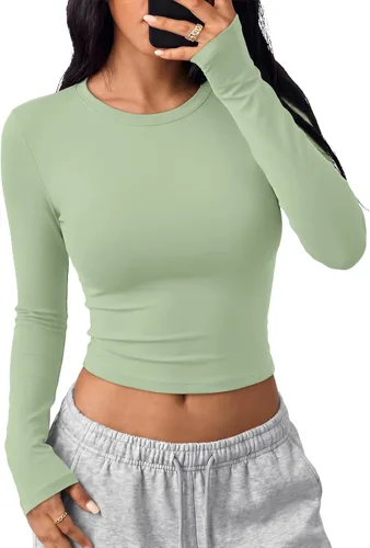 Vista 30 de Trendy Queen Camisetas cortas de manga larga para mujer, camisetas básicas Blanco