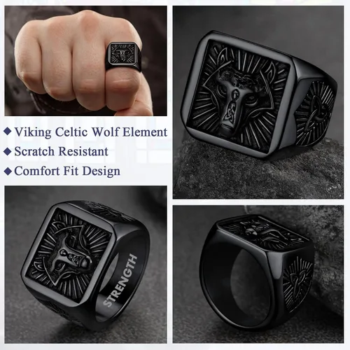 Vista 4 de FaithHeart Anillos de sello de cabeza de lobo para hombres y mujeres, anillo vikingo nórdico de acero inoxidable, tamaño 7891011121314 personalizado
