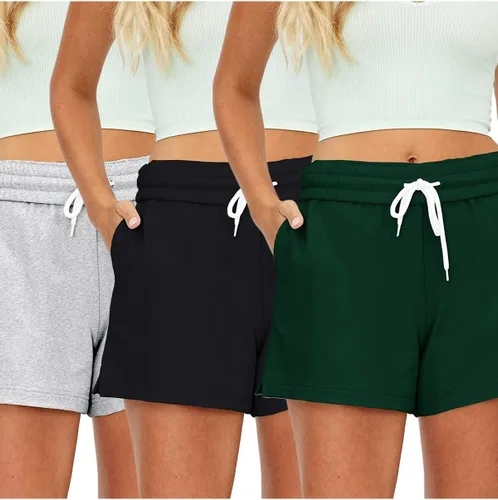 Vista 34 de AUTOMET Pantalones cortos deportivos para mujer, estilo casual, con cordón, cómodos, elásticos, de cintura alta, con bolsillos