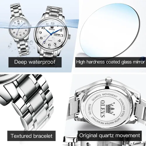 Vista 62 de OLEVS Juego de 2 relojes de cuarzo para parejas de San Valentín, calendario luminoso, ventana de fecha, 3 ATM, impermeable, casual, acero