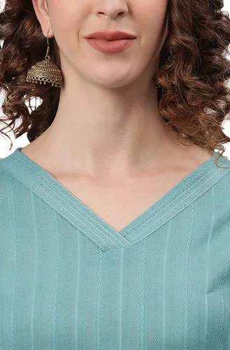Vista 7 de Janasya Kurta de algodón azul para mujer con pantalón y estampado Dupatta