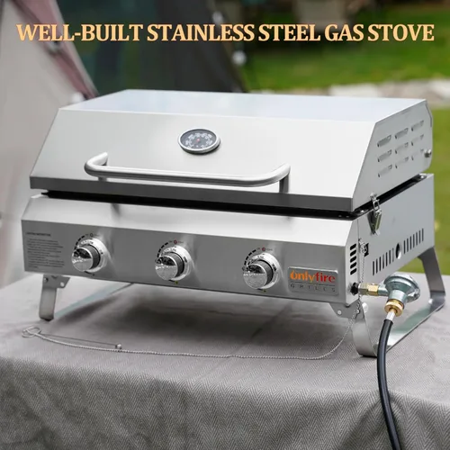 Vista 10 de ONLYFIRE GRILLS - Parrilla de mesa de gas con patas plegables, parrilla de gas propano portátil de 3 quemadores con tapa plana para cocinar al aire