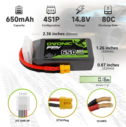Vista 2 de OVONIC 4s Lipo Batería 80C 650mAh 14.8V Lipo Batería con XT30 Conector para RC FPV Racing Drone Quadcopter