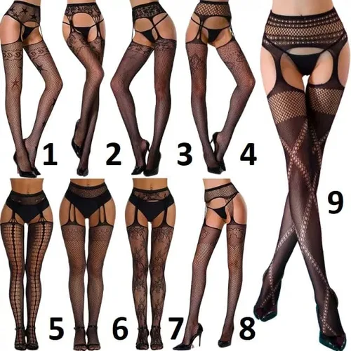 Vista 2 de Medias de red para mujer, medias altas hasta el muslo, pantimedias con liguero para mujeres y niñas, color negro, Negro