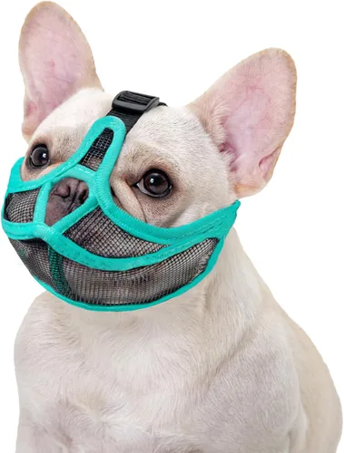 Vista 7 de OHCOZZY Bozal corto para perro, no cubre la frente, bozal de bulldog ajustable, malla transpirable ajustable, antimordeduras y ladridos (S, negro)