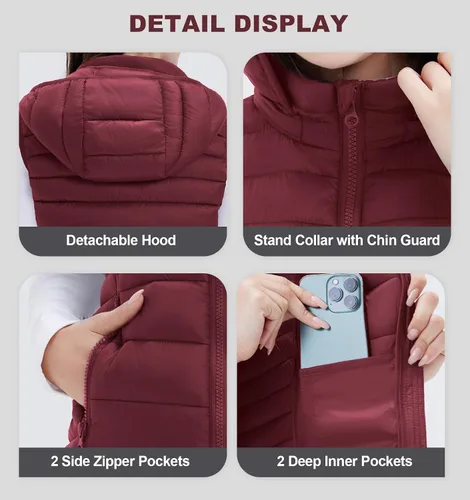 Vista 5 de SLOWTOWN Chaleco acolchado ligero y plegable para mujer con capucha desmontable