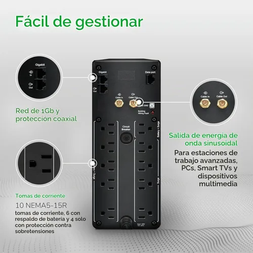 Vista 3 de APC UPS 1500VA/900W UPS de onda sinusoidal pura para computadora, electrónica, BR1500MS2 Back-UPS Pro sinewave UPS for PC, gaming & home offices.