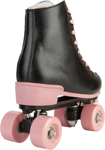 Vista 8 de YYW Patines de ruedas para mujeres y niñas, patines de derby de luces, patines de cuero sintético de doble fila, patines negros y rosas