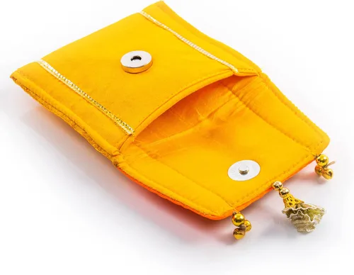Vista 5 de Monedero de trabajo Gota Pati hecho a mano, mano cosida a mano, sobre de boda tradicional étnico dorado para niñas y mujeres, para fiestas, bodas