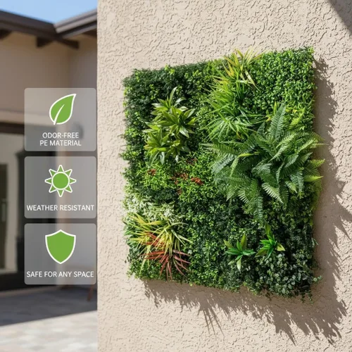 Vista 3 de Paneles de pared de plantas artificiales, paneles de boj verde de 40 x 40 pulgadas con protección UV, valla de privacidad de hiedra de hierba