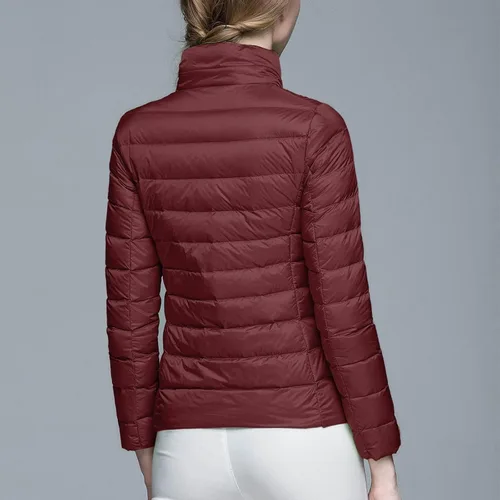 Vista 3 de Chaqueta acolchada plegable para mujer, cálida y ligera, chaqueta de plumón ajustada con capucha, abrigo corto de burbujas de pato con capucha