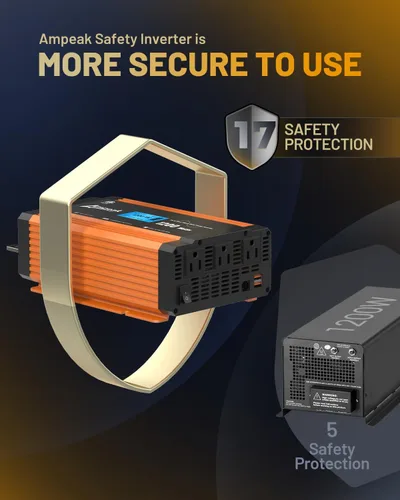 Vista 3 de Ampeak Inversor de onda sinusoidal pura de 1200 W, 17 protecciones, inversor de corriente CC 12 V a CA 120 V 4.8 A, puertos USB, 3 salidas de CA