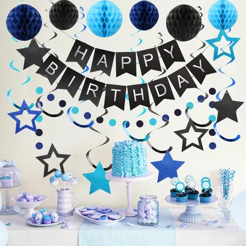 Vista 2 de meowtastic - Decoraciones de cumpleaños, pancarta de feliz cumpleaños con bolas de panal de abeja, serpentinas colgantes de estrellas, guirnalda