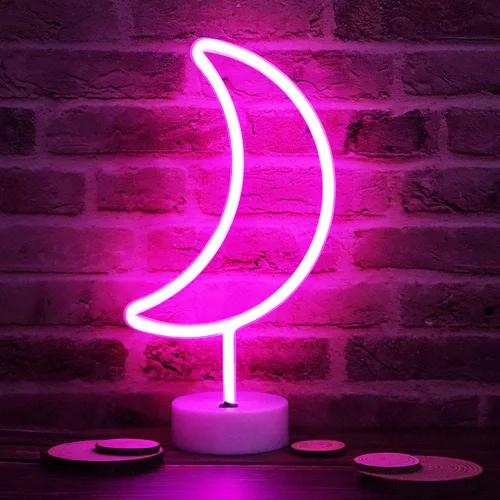 Vista 6 de Letreros LED de neón de luna, luces nocturnas moradas de media luna con USB, funciona con pilas, lámpara de luna para fiesta de cumpleaños, boda
