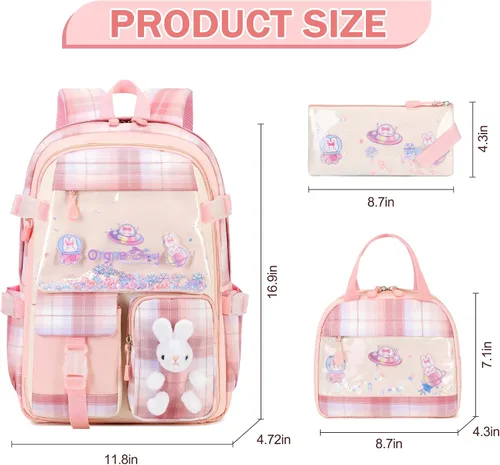 Vista 2 de Juego de mochila para niñas, mochila infantil para niñas, mochila escolar Kawaii Bunny para niña, jardín de infantes, primaria, preescolar, Tartán