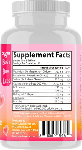 Vista 3 de Angry Supplements Better Booty - Tabletas de creatina para mujeres, píldoras de monohidrato de creatina con L-glutamina, colágeno, BCAA + mezcla