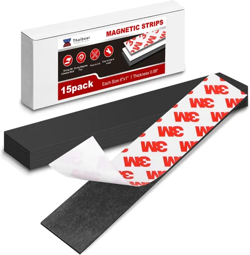 Vista 8 de Tira magnética, tiras magnéticas flexibles con parte trasera adhesiva (paquete de 10, 6 x 1 pulgadas), cinta magnética adhesiva fuerte para cocina