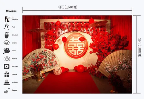 Vista 2 de Telón de fondo de boda chino para fotografía, 5 x 3 pies, estilo chino, decoración de boda, telón de fondo rojo para niñas, fiesta de boda