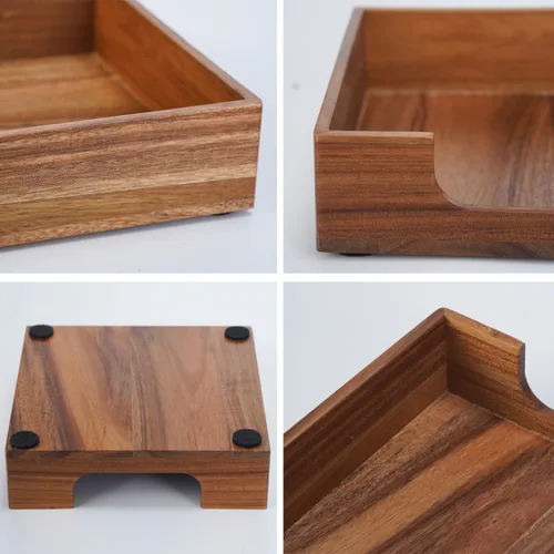 Vista 6 de Servilletero de cóctel de acacia para mesa, servilletero de madera, bandeja cuadrada plana para servilletas de bebidas, portaservilletas de cóctel