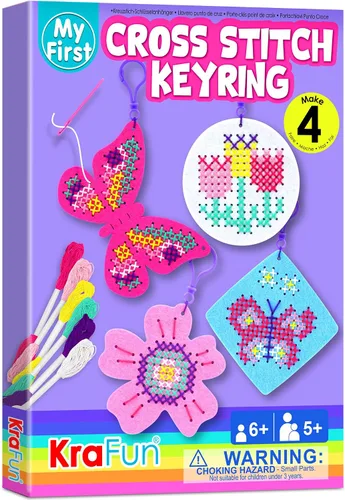 Vista 7 de KRAFUN Kits de Punto de Cruz para Niños Principiantes, 4 Llaveros de Punto de Cruz Artes y Manualidades con Animales, Unicornio, Kit de Bordado