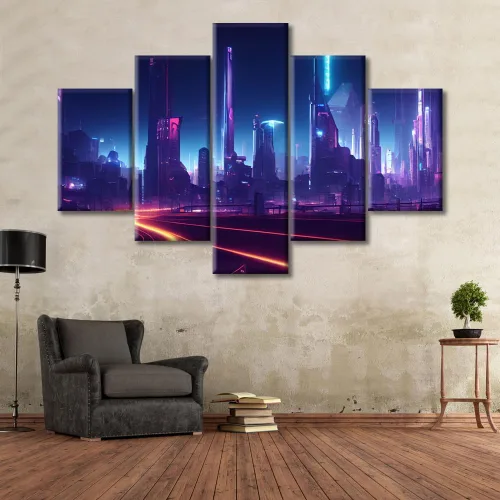 Vista 207 de Cuadros de 5 paneles de Cyberpunk City, arte de pared, representación de vallas publicitarias, edificios modernos en la capital con obras de arte