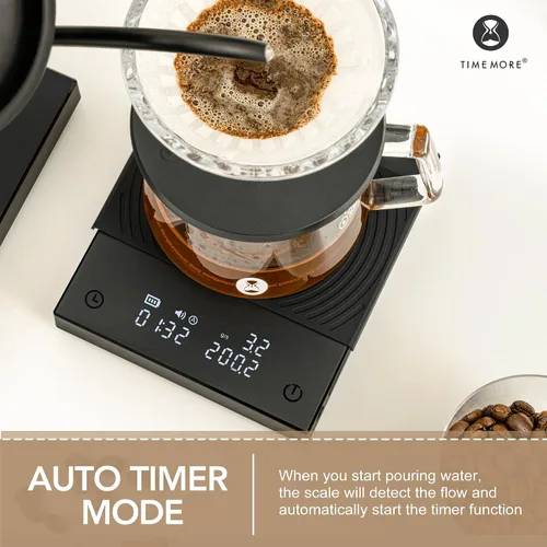 Vista 6 de Báscula de café TIMEMORE Basic 2.0 con temporizador, báscula de espresso de espejo negro con función de tasa de flujo, 2000g/0.1g de alta precisión