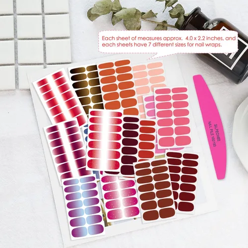 Vista 4 de 16 hojas de calcomanías de esmalte de uñas, envolturas de uñas completas con purpurina, tiras de esmalte de uñas de color sólido, tiras de uñas
