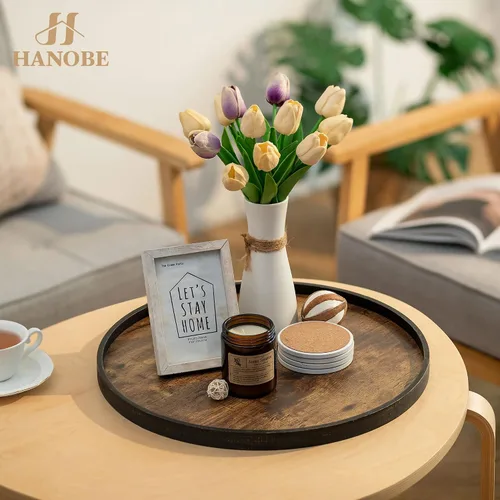 Vista 3 de Hanobe - Bandeja redonda decorativa de 18 pulgadas para mesa auxiliar, color marrón vintage Industrial Style, Large Circle Platters for Modern
